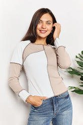 Double Take Color Block Exposed Seam Top Khaki OutfitFlow